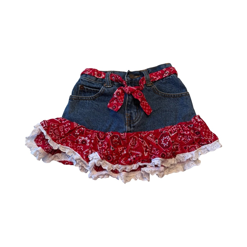 Kiddie Korral Girls Denim Bandana Ruffle Skirt Red Eyelet Lace Western Size 5